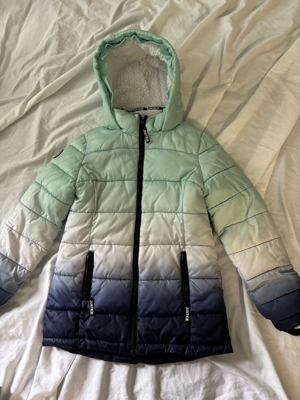 Justice Girls Ombre Hooded Puffer Jacket - Mint, Cream, Navy
